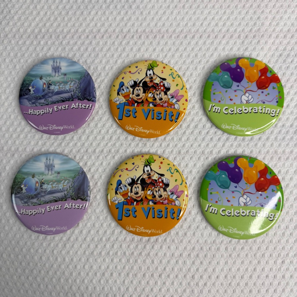 Walt Disney World 6pc 3 in Button Set 1st Visit Happily Ever After Celebrate Pin